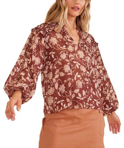 Women's Wren Floral Ruffled Smocked-Shoulder Blouse Chocolate/blush Multi Print $37.06 Tops