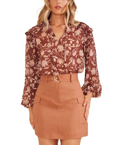 Women's Wren Floral Ruffled Smocked-Shoulder Blouse Chocolate/blush Multi Print $37.06 Tops