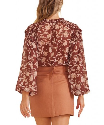 Women's Wren Floral Ruffled Smocked-Shoulder Blouse Chocolate/blush Multi Print $37.06 Tops