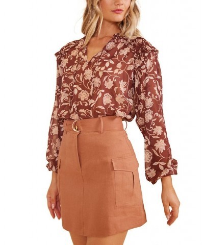 Women's Wren Floral Ruffled Smocked-Shoulder Blouse Chocolate/blush Multi Print $37.06 Tops