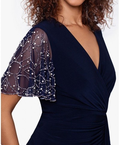 Petite Beaded-Sleeve Gown Navy Silver $92.07 Dresses