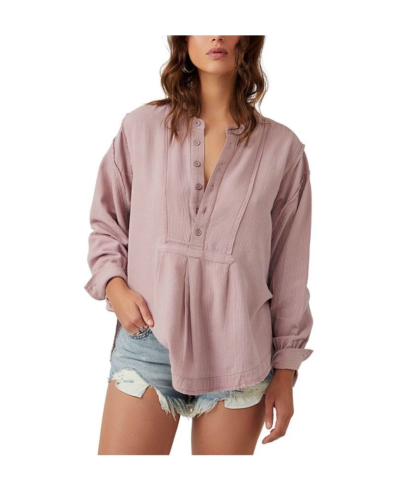 Women's Edge Cotton Striped Popover Shirt Purple $55.20 Tops