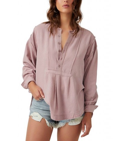 Women's Edge Cotton Striped Popover Shirt Purple $55.20 Tops