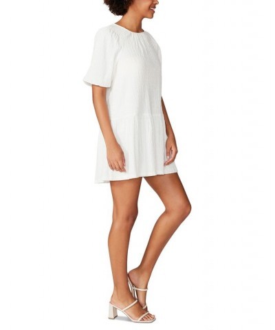 Women's Abrah Textured Puff-Sleeve A-Line Dress White $48.95 Dresses