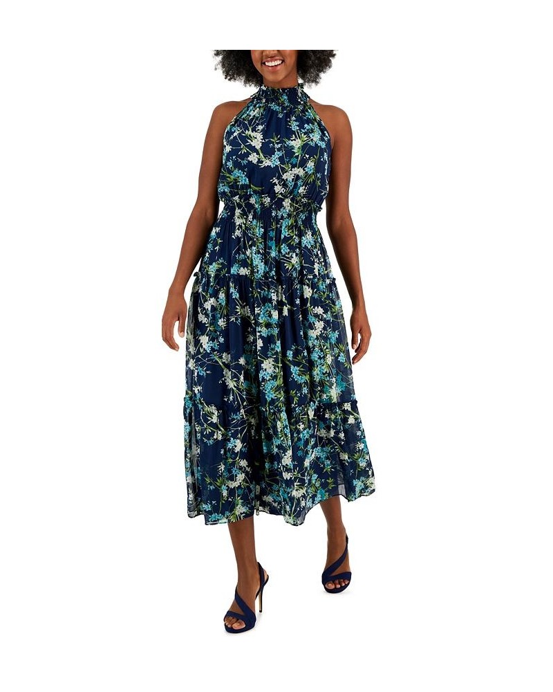 Serena Printed Chiffon Smocked-Detail Maxi Dress Navy/cerulean $46.92 Dresses