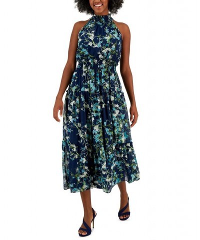 Serena Printed Chiffon Smocked-Detail Maxi Dress Navy/cerulean $46.92 Dresses