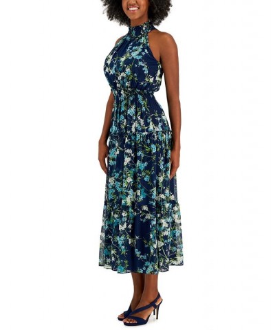 Serena Printed Chiffon Smocked-Detail Maxi Dress Navy/cerulean $46.92 Dresses