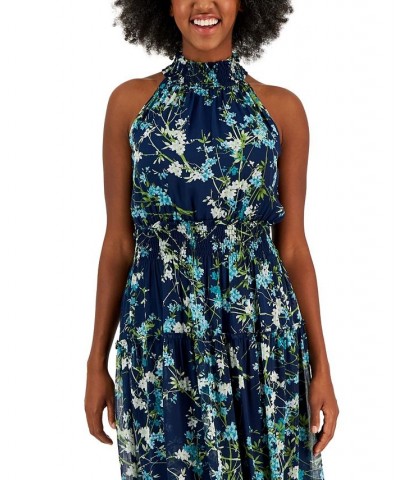 Serena Printed Chiffon Smocked-Detail Maxi Dress Navy/cerulean $46.92 Dresses