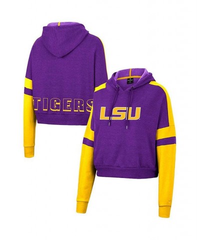 Women's Purple LSU Tigers Throwback Stripe Arch Logo Cropped Pullover Hoodie Purple $30.59 Sweatshirts