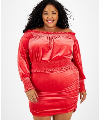 Plus Size Long Sleeve Off The Shoulder Top Red $13.35 Tops