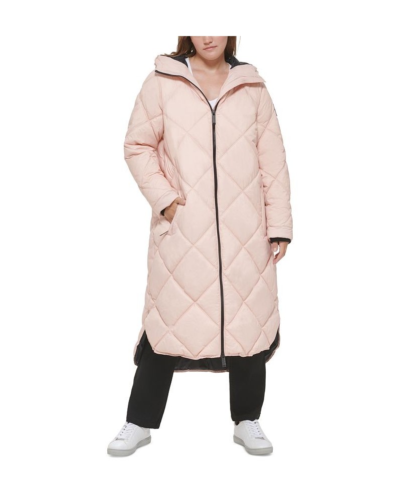 Women's Hooded Dramatic Long Puffer Pink $47.01 Coats