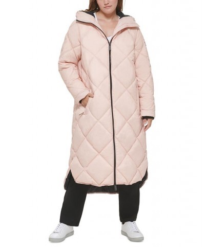 Women's Hooded Dramatic Long Puffer Pink $47.01 Coats