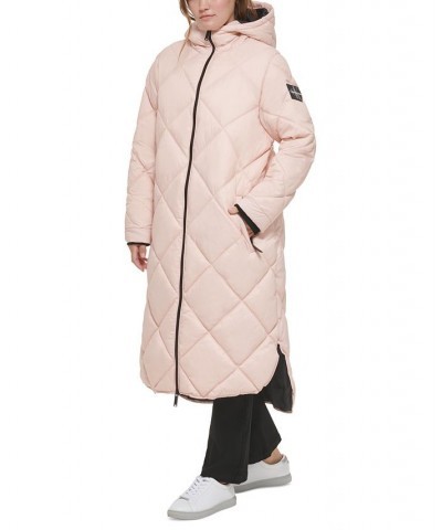 Women's Hooded Dramatic Long Puffer Pink $47.01 Coats