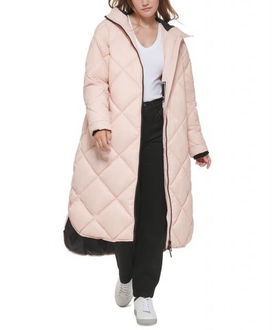 Women's Hooded Dramatic Long Puffer Pink $47.01 Coats