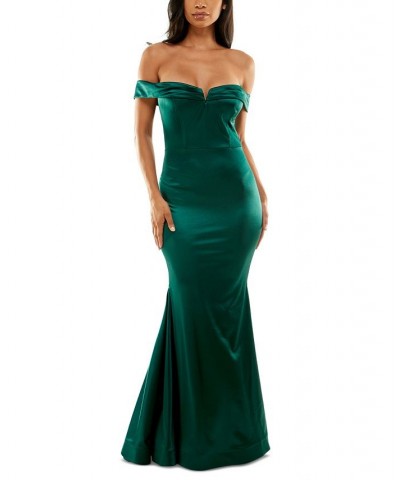 Juniors' Off-The-Shoulder Evening Gown Green $74.73 Dresses