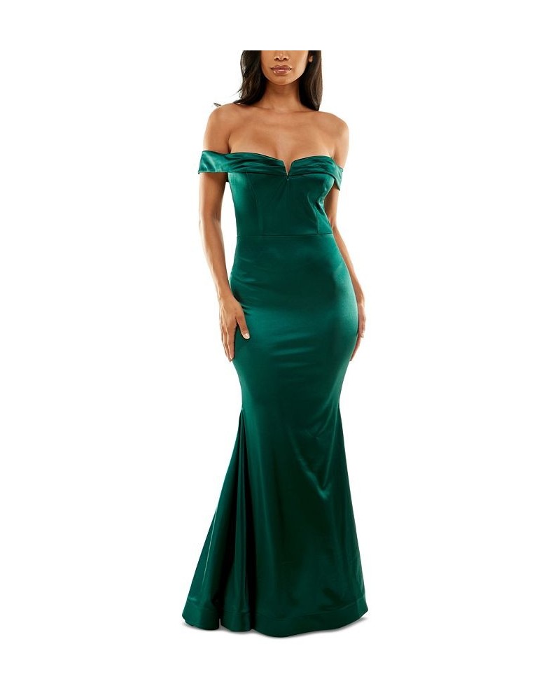 Juniors' Off-The-Shoulder Evening Gown Green $74.73 Dresses