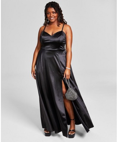 Trendy Plus Size Juniors' Spaghetti Strap Satin Gown Black $38.46 Dresses