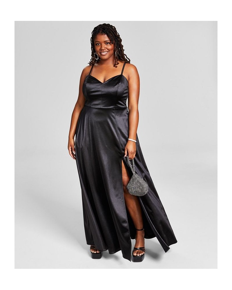 Trendy Plus Size Juniors' Spaghetti Strap Satin Gown Black $38.46 Dresses