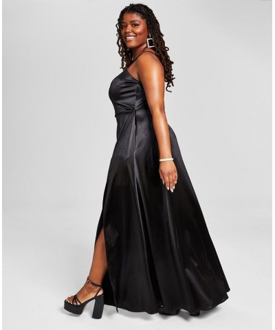 Trendy Plus Size Juniors' Spaghetti Strap Satin Gown Black $38.46 Dresses