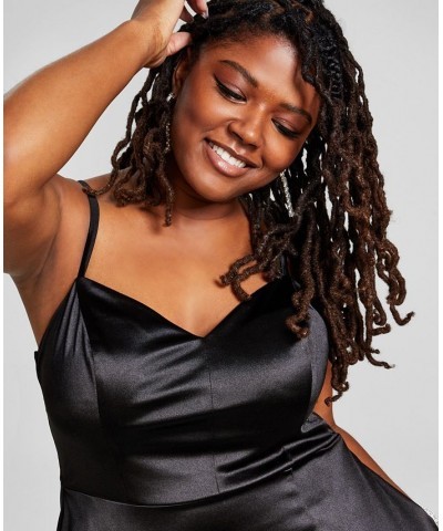 Trendy Plus Size Juniors' Spaghetti Strap Satin Gown Black $38.46 Dresses