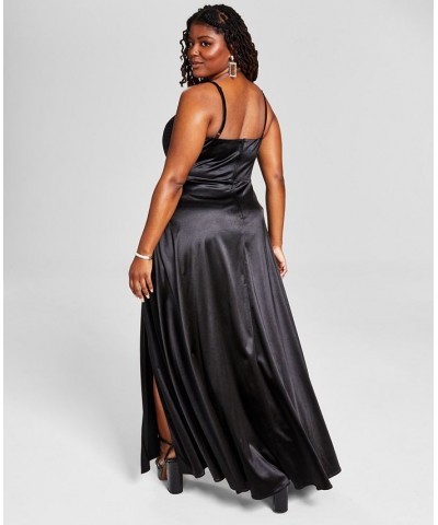 Trendy Plus Size Juniors' Spaghetti Strap Satin Gown Black $38.46 Dresses