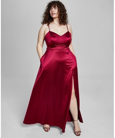 Trendy Plus Size Juniors' Spaghetti Strap Satin Gown Black $38.46 Dresses