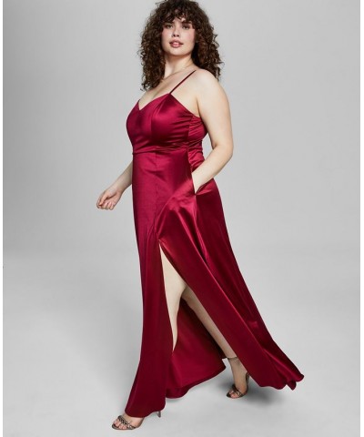 Trendy Plus Size Juniors' Spaghetti Strap Satin Gown Black $38.46 Dresses