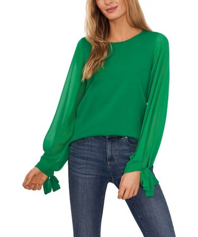 Women's Cotton Chiffon-Sleeve Mixed-Media Sweater Green $26.98 Sweaters