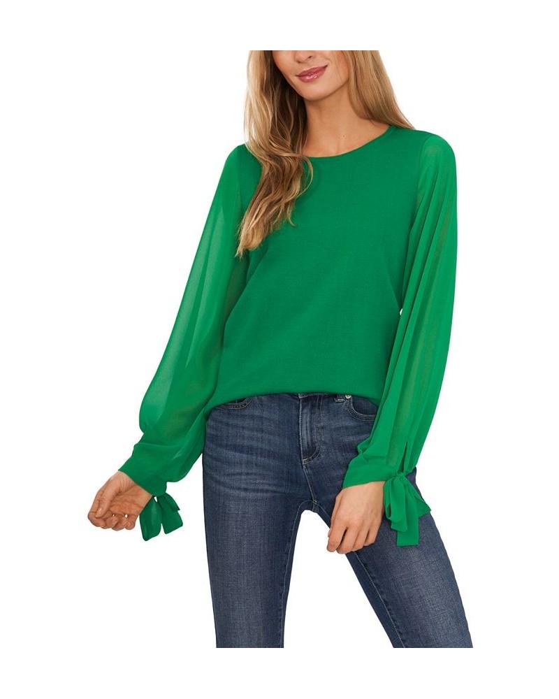 Women's Cotton Chiffon-Sleeve Mixed-Media Sweater Green $26.98 Sweaters