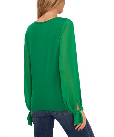 Women's Cotton Chiffon-Sleeve Mixed-Media Sweater Green $26.98 Sweaters