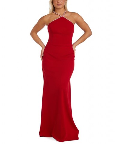 Women's Embellished Ruched Halter Gown Red $38.24 Dresses