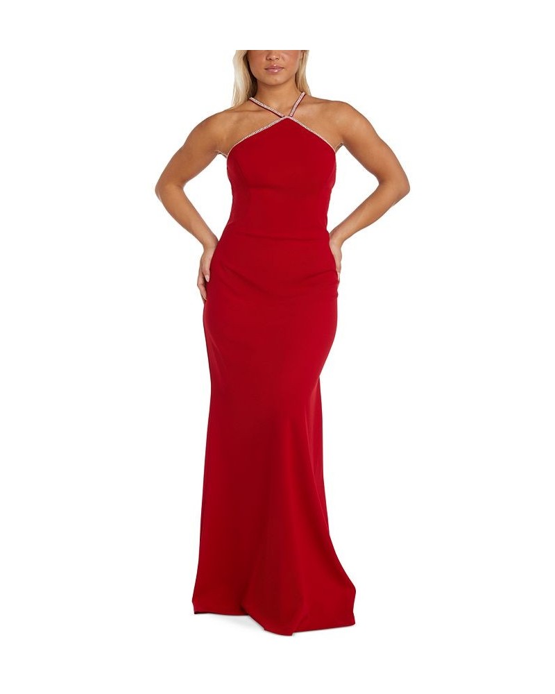 Women's Embellished Ruched Halter Gown Red $38.24 Dresses