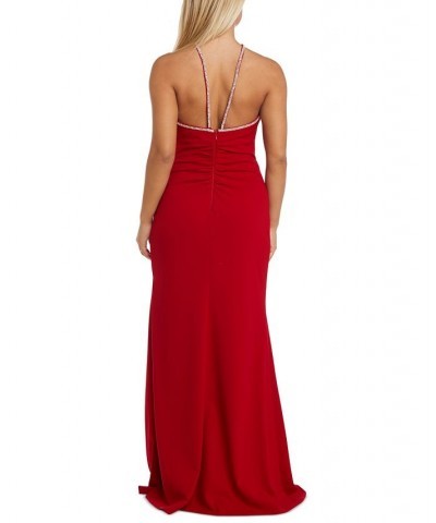 Women's Embellished Ruched Halter Gown Red $38.24 Dresses