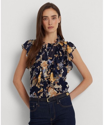 Women's Floral Georgette Sleeveless Shirt Navy Multi $52.65 Tops