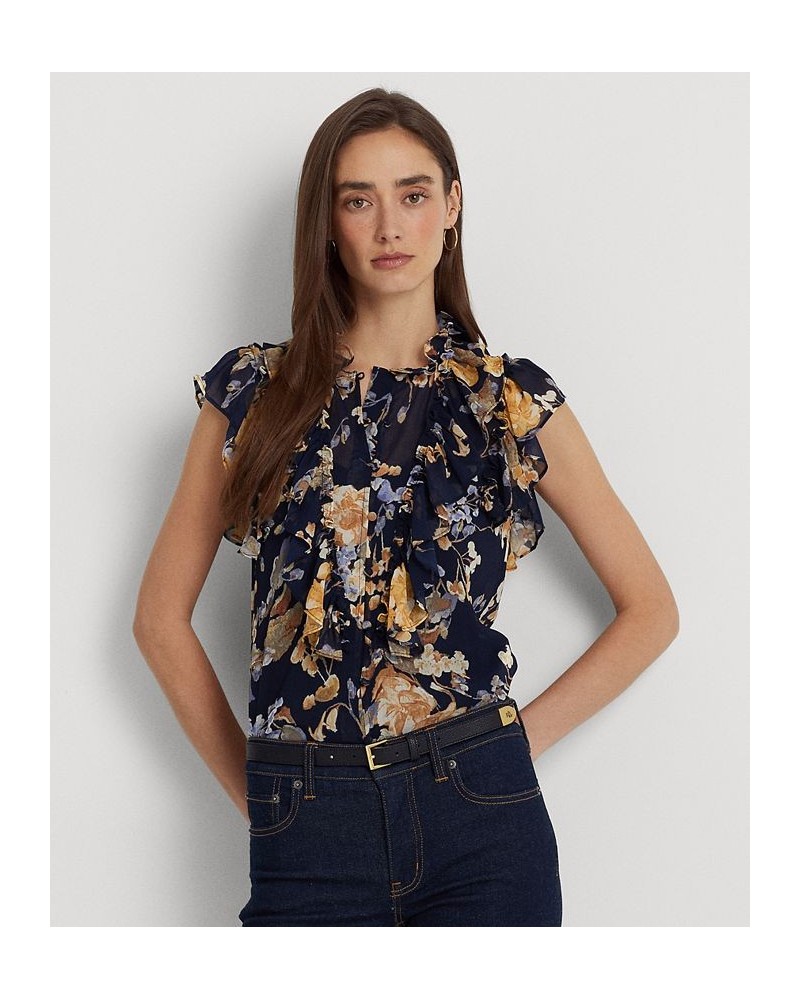 Women's Floral Georgette Sleeveless Shirt Navy Multi $52.65 Tops