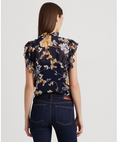 Women's Floral Georgette Sleeveless Shirt Navy Multi $52.65 Tops