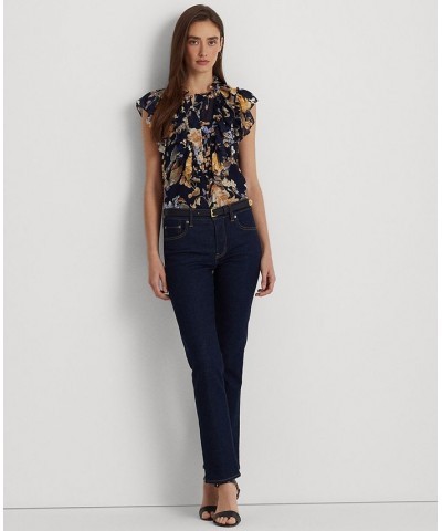 Women's Floral Georgette Sleeveless Shirt Navy Multi $52.65 Tops