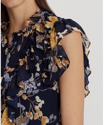 Women's Floral Georgette Sleeveless Shirt Navy Multi $52.65 Tops