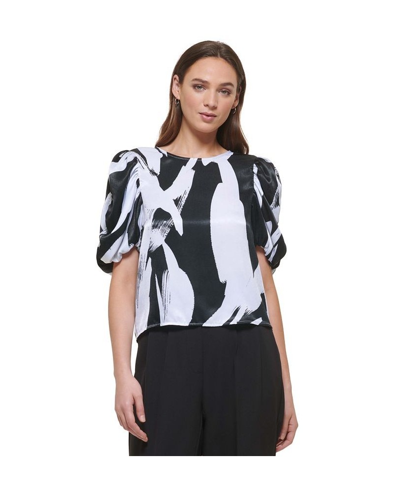 Women's Ruched Elbow-Sleeve Printed Satin Blouse White/Black Multi $42.57 Tops