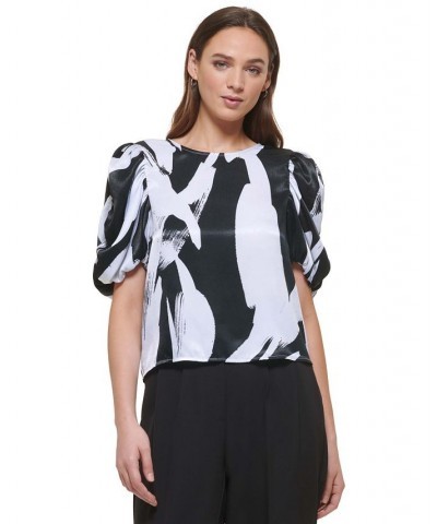 Women's Ruched Elbow-Sleeve Printed Satin Blouse White/Black Multi $42.57 Tops