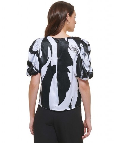 Women's Ruched Elbow-Sleeve Printed Satin Blouse White/Black Multi $42.57 Tops