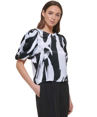 Women's Ruched Elbow-Sleeve Printed Satin Blouse White/Black Multi $42.57 Tops