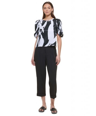 Women's Ruched Elbow-Sleeve Printed Satin Blouse White/Black Multi $42.57 Tops