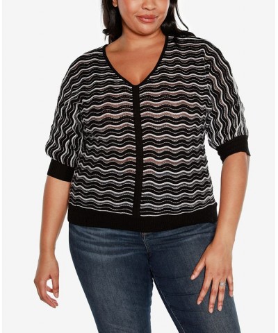 Black Label Plus Size Wavy Stripe V-neck Sweater Black Combo $25.85 Sweaters