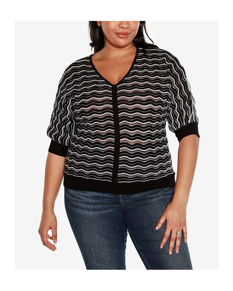 Black Label Plus Size Wavy Stripe V-neck Sweater Black Combo $25.85 Sweaters