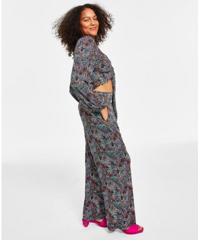 Petite Printed High-Rise Wide-Leg Pull-On Pants Texture Mirage $18.28 Pants