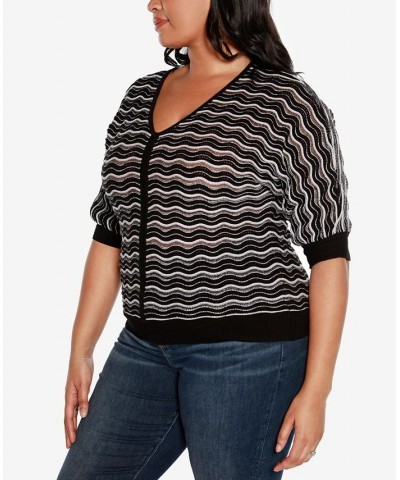 Black Label Plus Size Wavy Stripe V-neck Sweater Black Combo $25.85 Sweaters