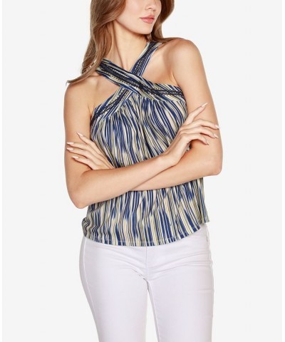 Women's Black Label Embellished Printed Halter Top Navy Combo $23.28 Tops