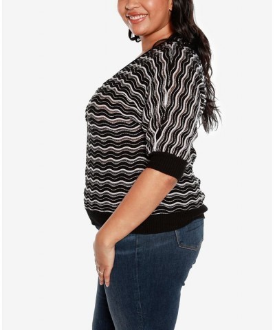 Black Label Plus Size Wavy Stripe V-neck Sweater Black Combo $25.85 Sweaters