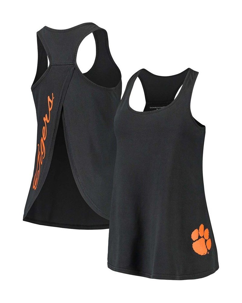 Women's Black Clemson Tigers Vintage-Like Charm Open Back Tank Top Black $25.19 Tops